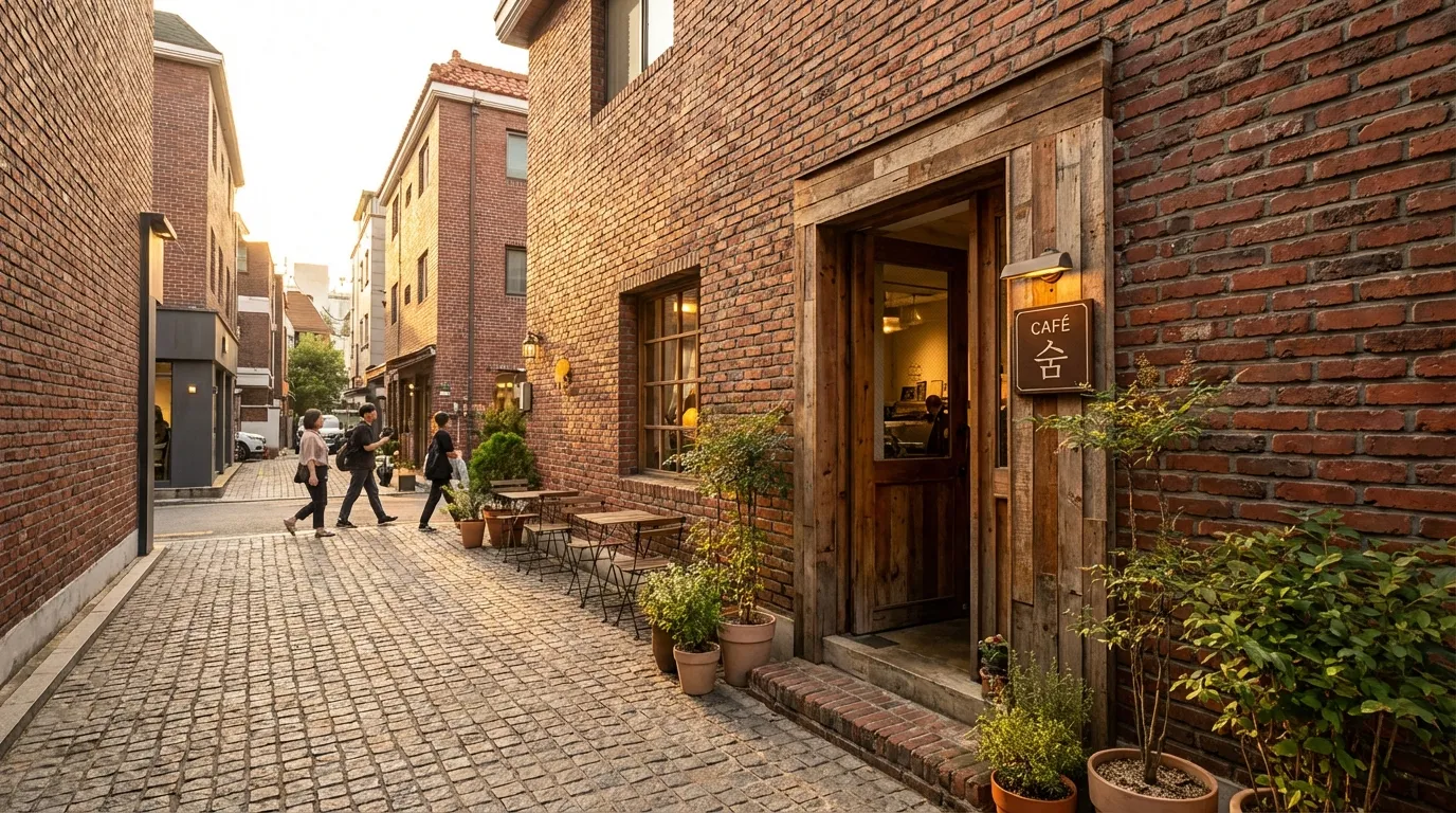 해 질 녘 카페 거리와 간판 조명이 함께 살아나는 가로수길 저녁 카페 장면