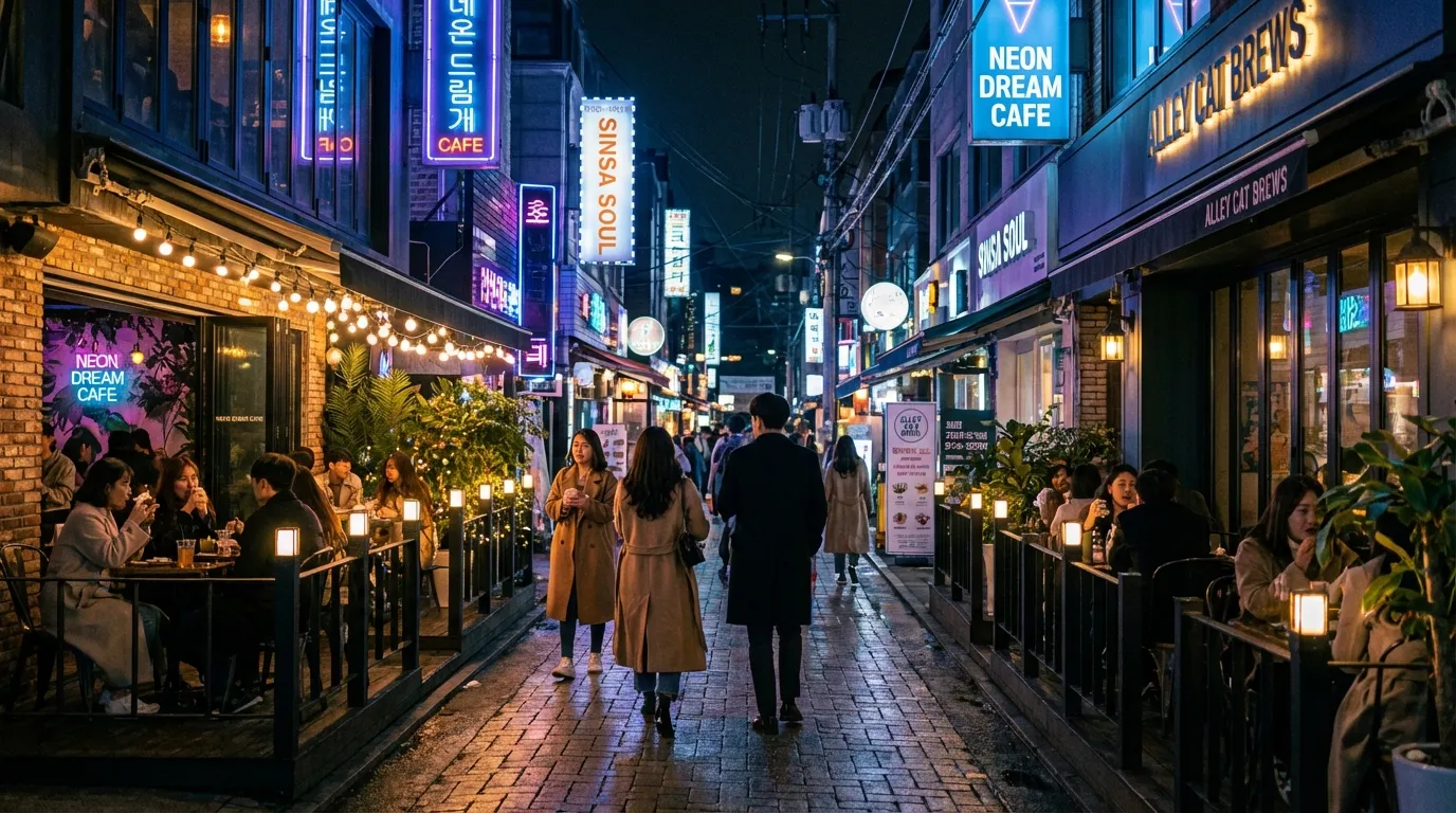 Night alley cafe terrace and neon-lit side street shaping a Garosu-gil evening mood