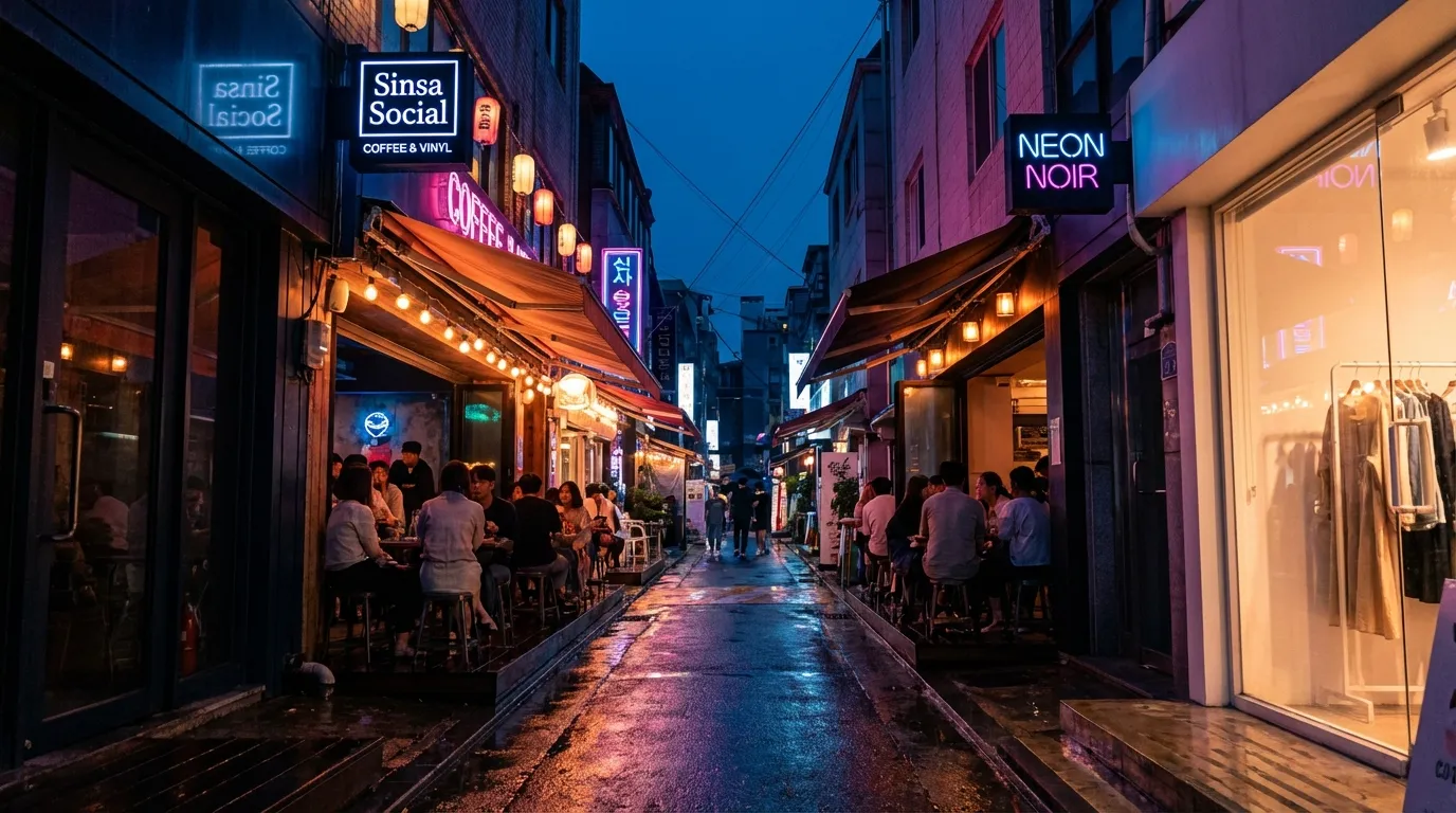 신사동 골목 카페 테라스와 밤거리 조명이 이어지는 가로수길 야경 산책 장면