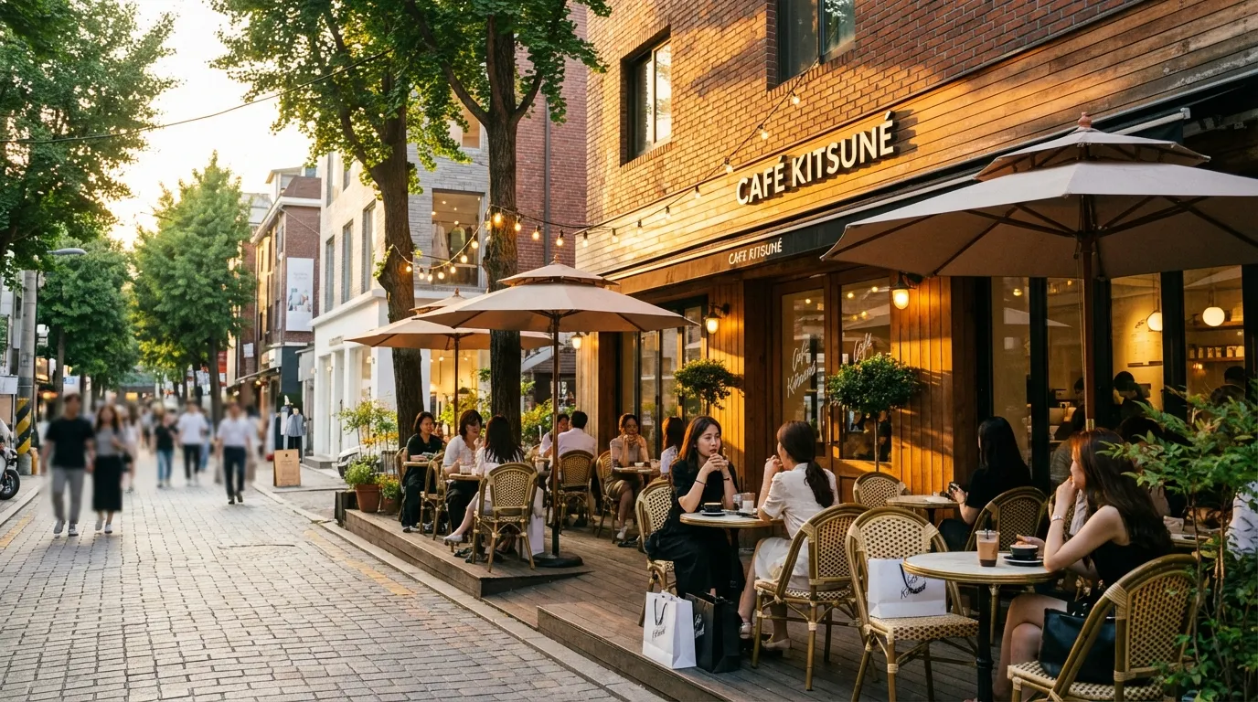 Aesthetic cafe exterior with outdoor seating in Garosu-gil Seoul after shopping