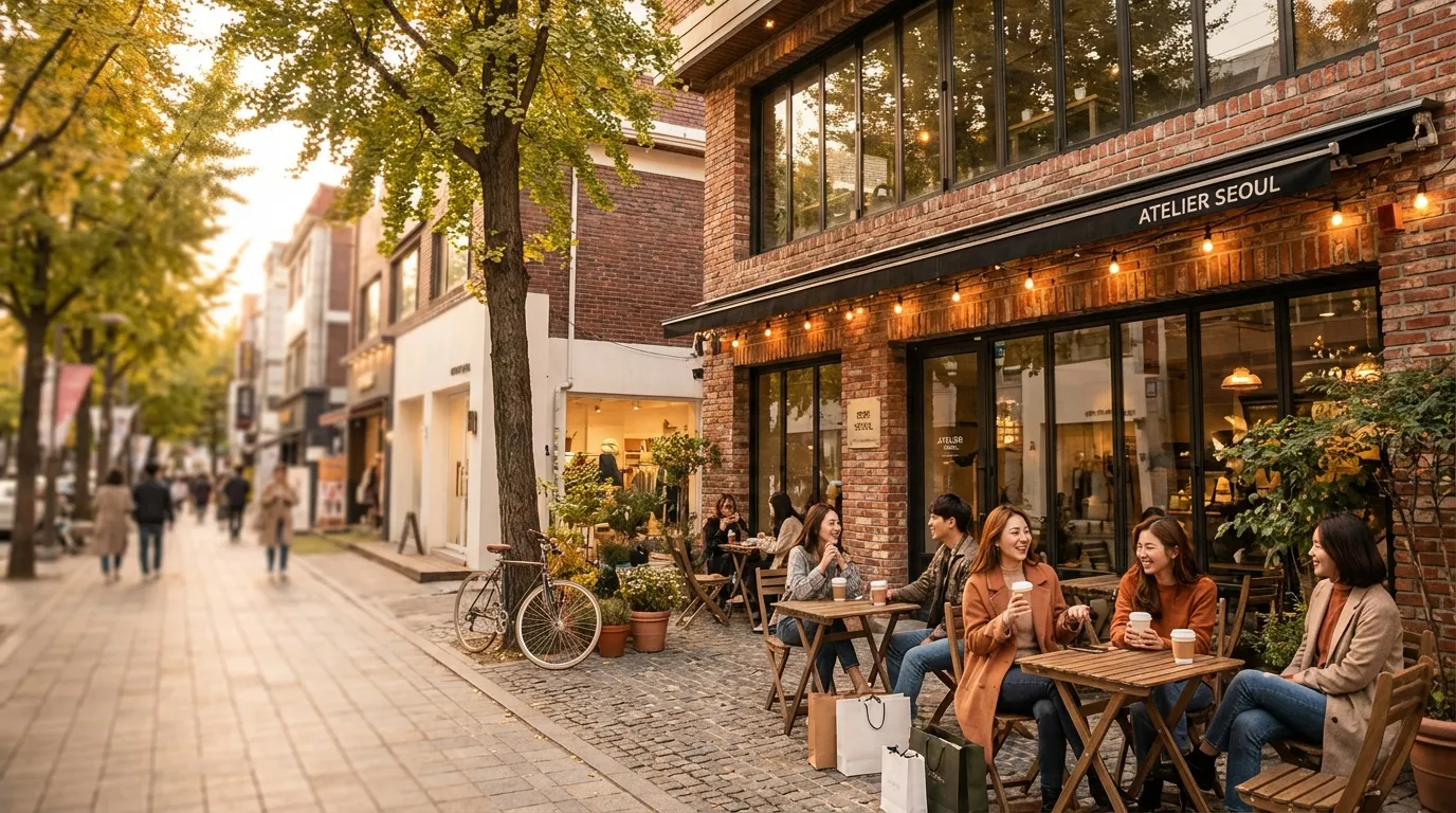 감성 카페 외관과 테라스 휴식 포인트가 함께 보이는 가로수길 쇼핑 코스 장면