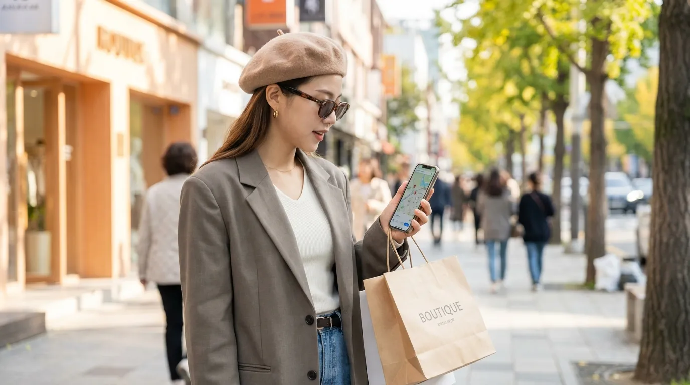 Tourist exploring Garosu-gil shopping district with a smartphone in Seoul