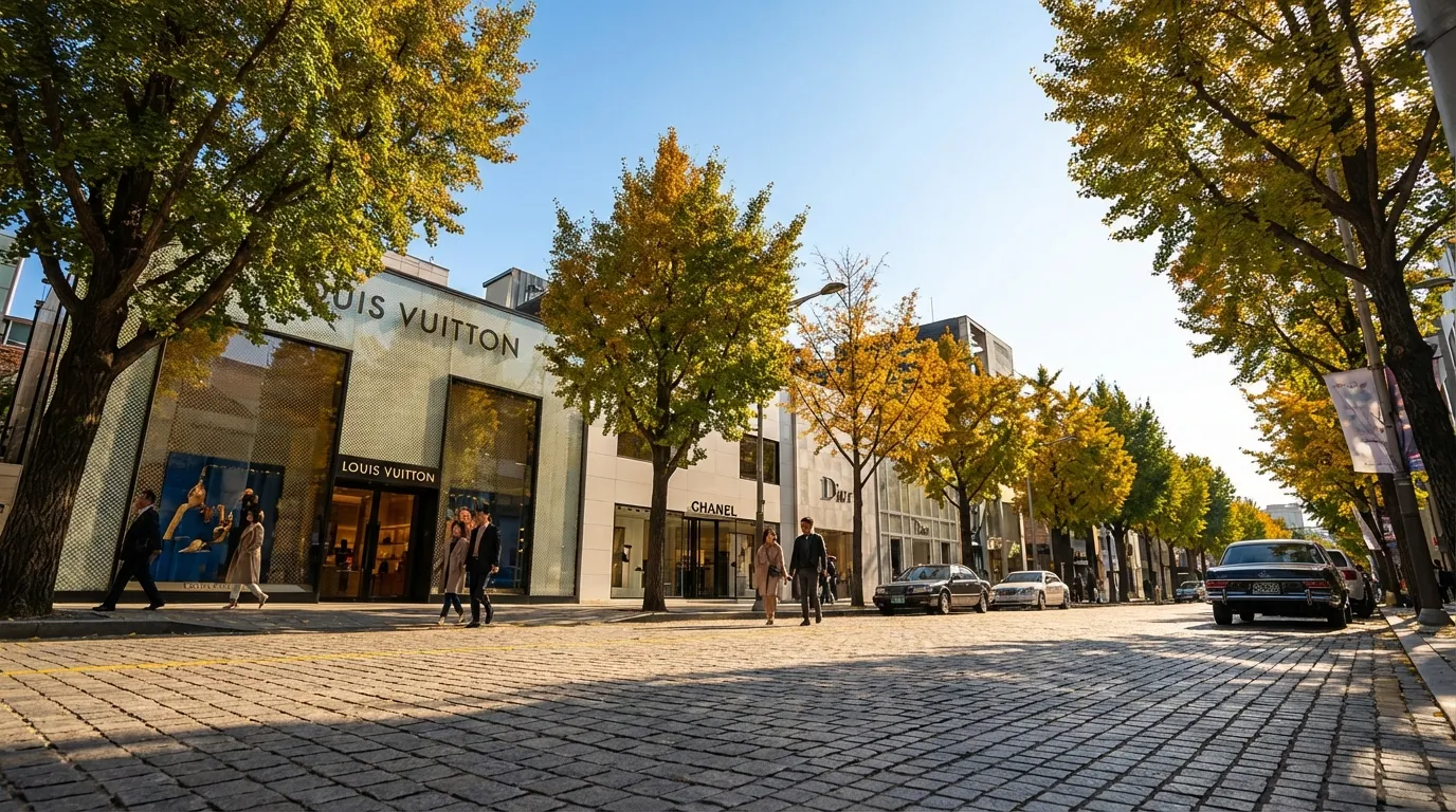 한적한 오전 거리와 주말 쇼핑하기 좋은 시간대가 보이는 가로수길 산책 장면