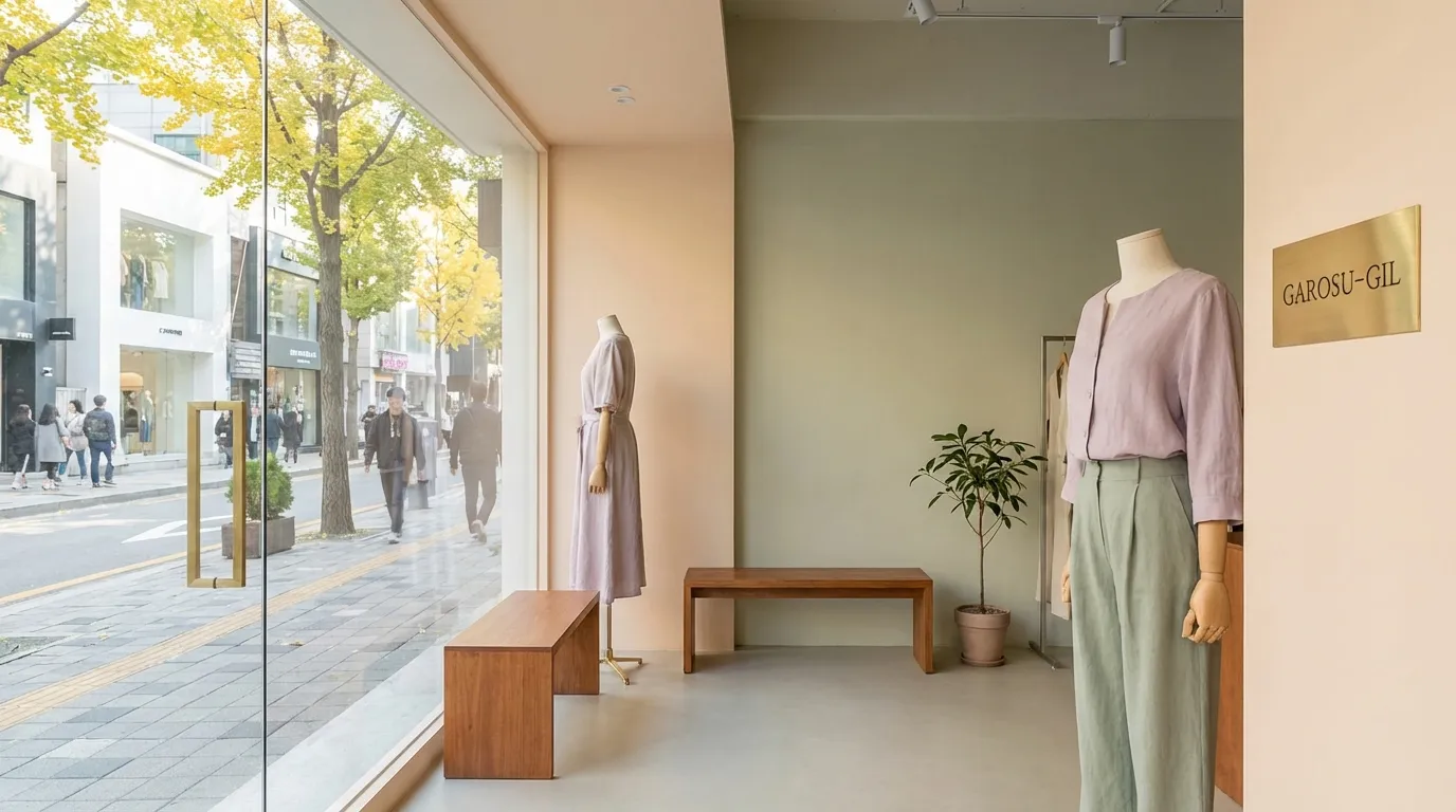 Trendy boutique storefront window in Garosu-gil Seoul for weekend shopping course
