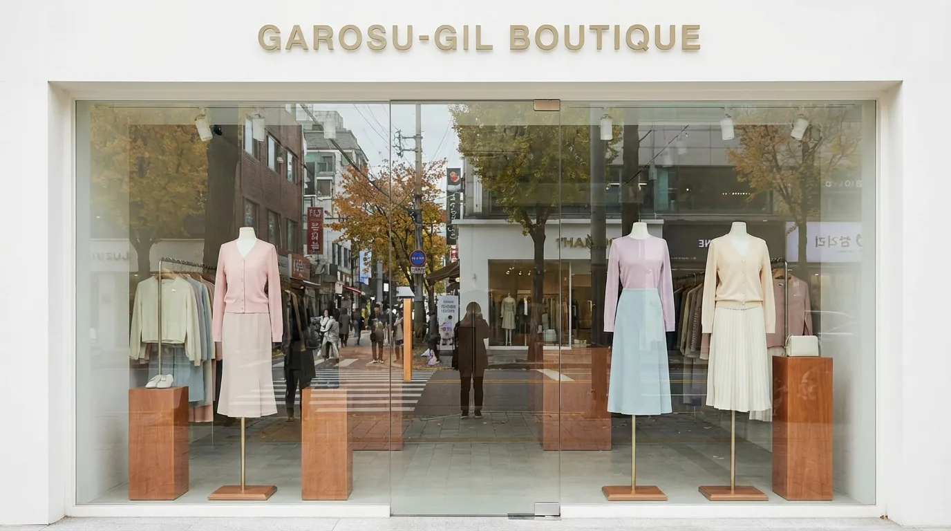 트렌디 편집숍 쇼윈도와 주말 쇼핑 산책 흐름이 이어지는 가로수길 거리 장면