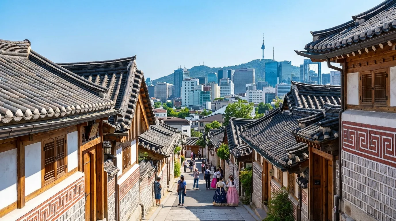 Layered rooflines at Bukchon Hanok Village photo spots near Gyeongbokgung