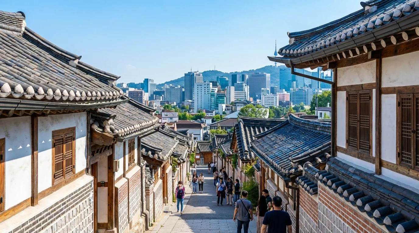 북촌 사진 명소 초입에서 한옥 지붕선과 도시 배경이 겹치는 전경