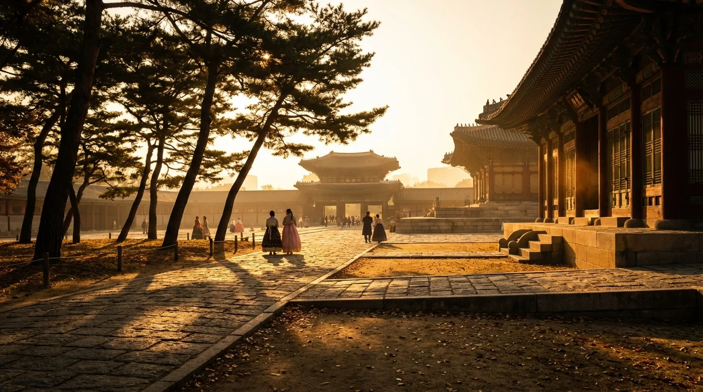 Golden-hour shadows stretching across the court before Gyeongbokgung at night