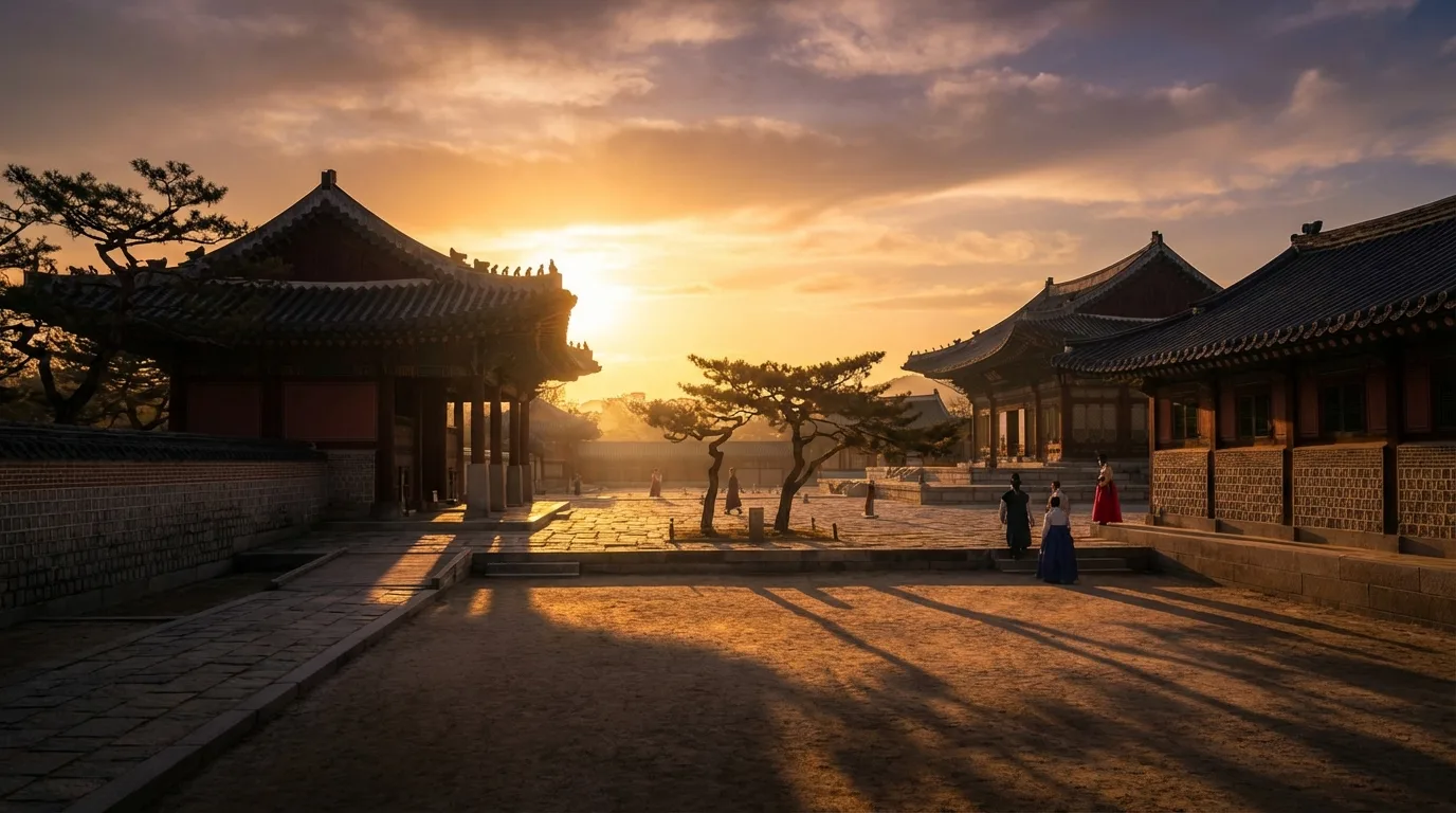 경복궁 일몰 시간 무렵 길어진 그림자가 드리운 궁궐 마당 풍경