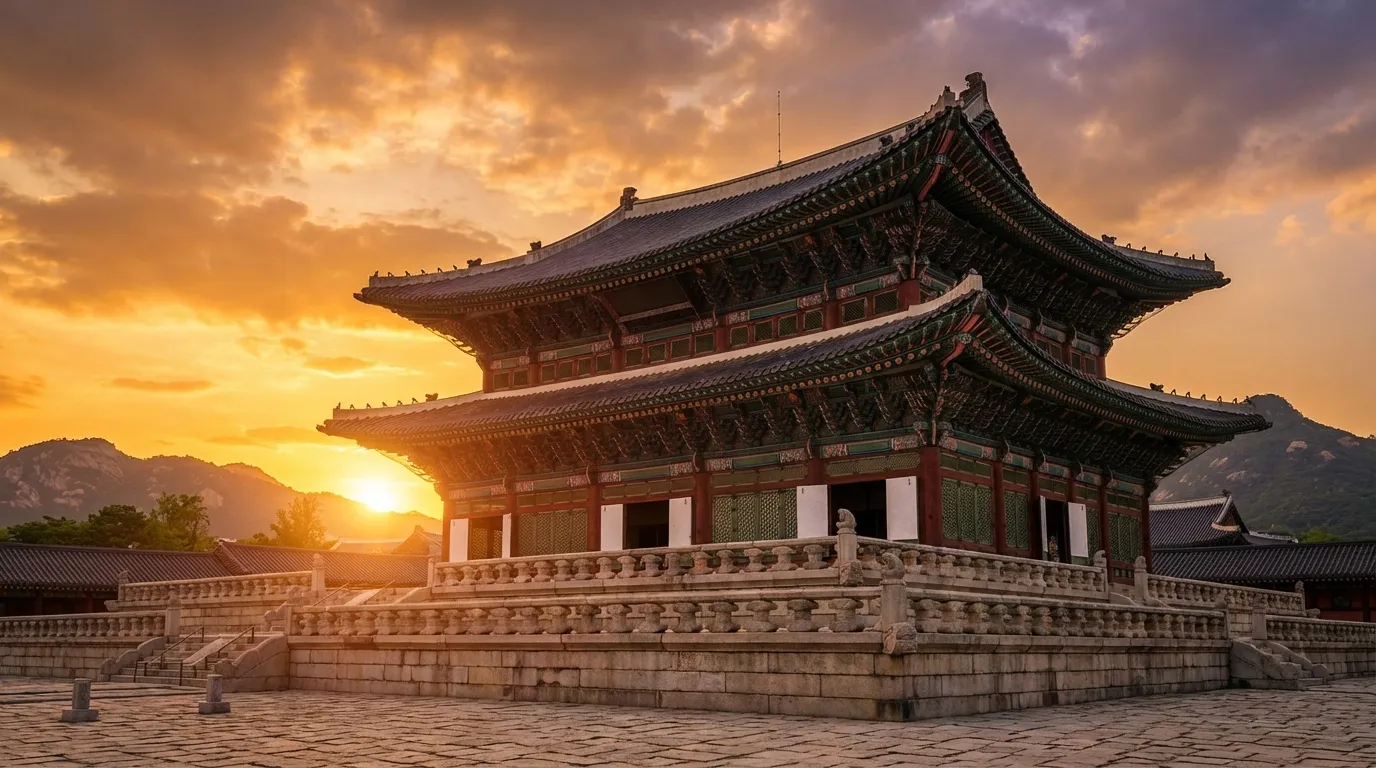 Central palace buildings and open court seen early on a Seoul palace guide route