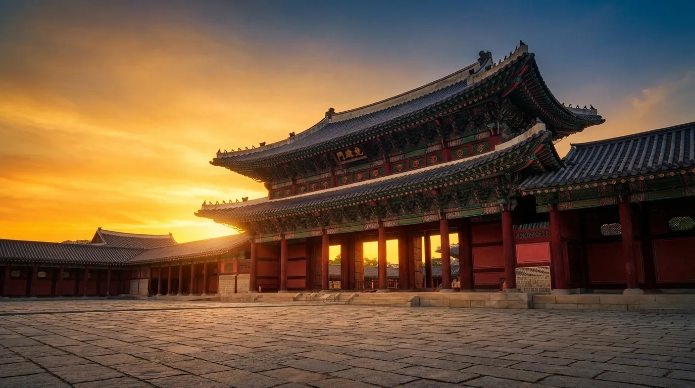 경복궁 관람 코스 초입에서 보이는 궁궐 중심 건축과 넓은 마당 풍경