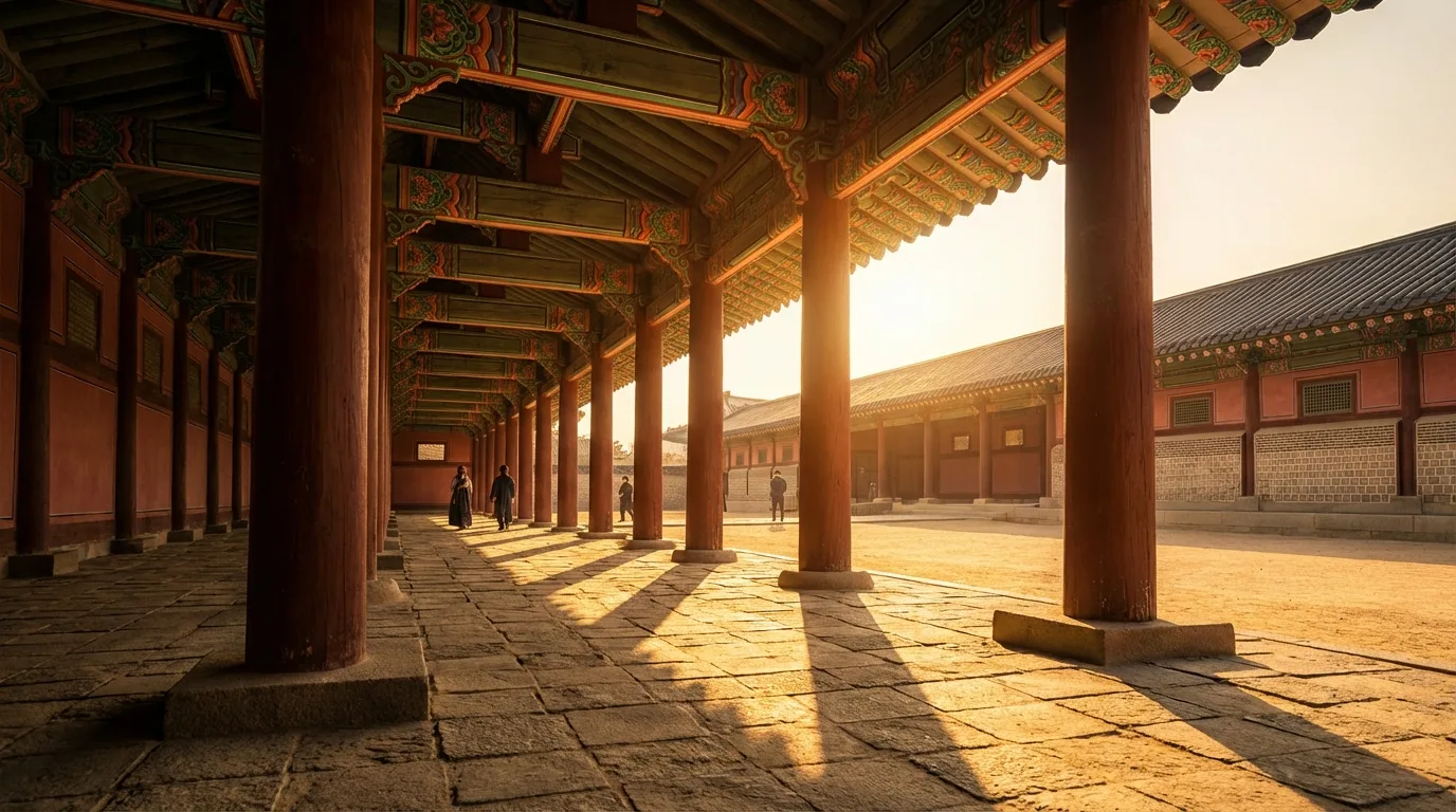 Palace corridor light and shadow changing across a Gyeongbokgung photo route