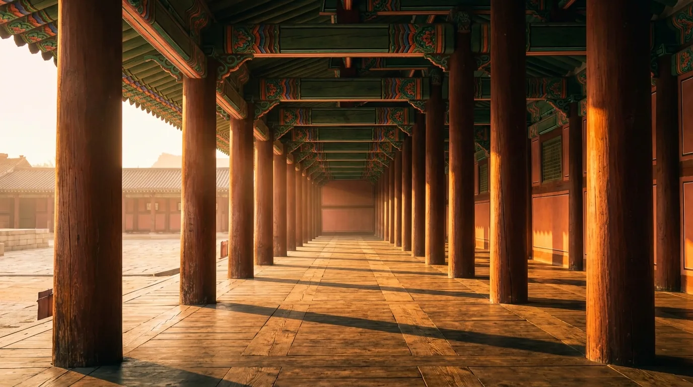 경복궁 한복 스냅 동선에서 빛과 그림자가 갈리는 궁궐 복도 장면