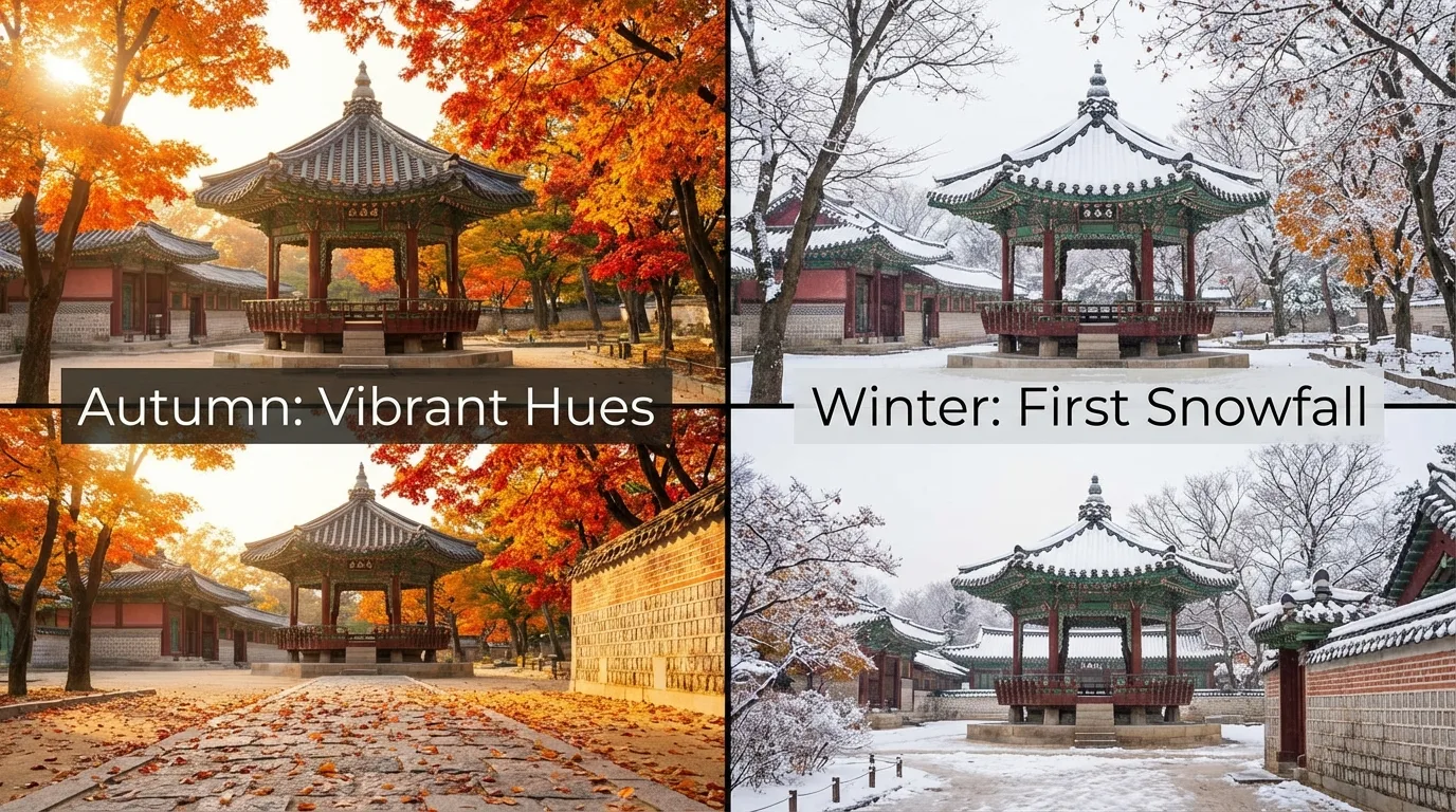 Seasonal palace scene showing how a Gyeongbokgung Palace night view mood can shift