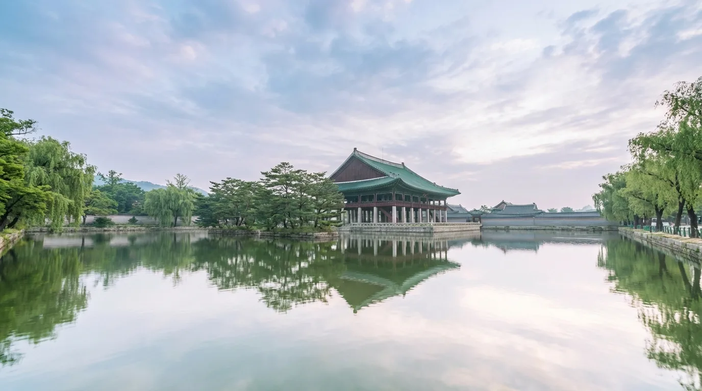 Gyeonghoeru reflection and water texture near sunset at Gyeongbokgung