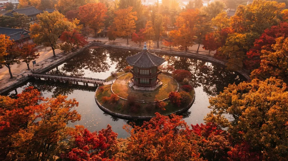 Hyangwonjeong waterside view suited to softer Korean traditional dress photo ideas