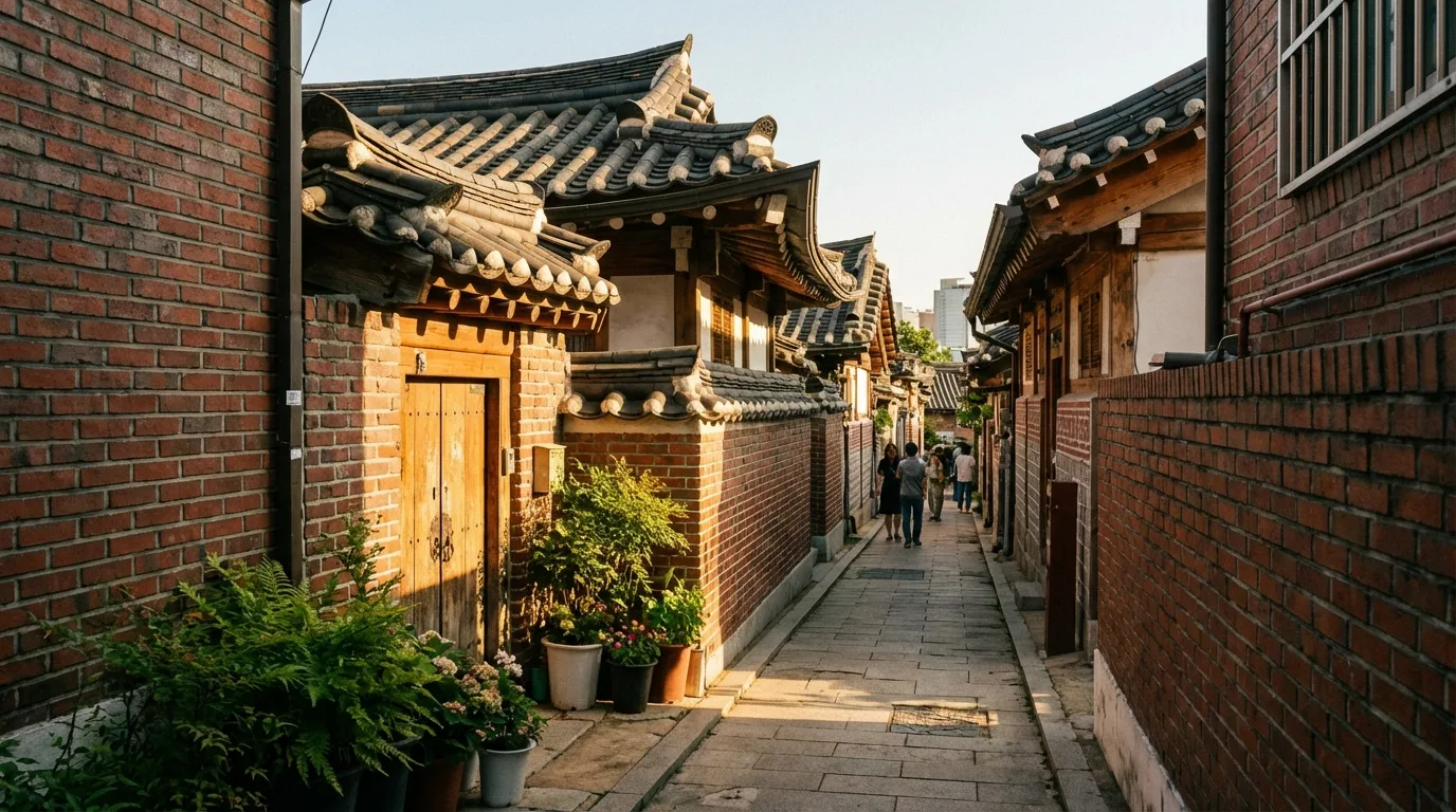 Hyoja-dong alley with mixed walls and rooflines near Gyeongbokgung