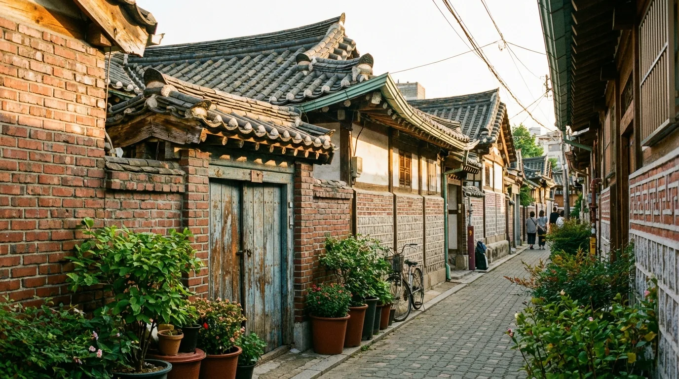 효자동 골목길에서 전통 담장과 생활 풍경이 섞여 보이는 장면