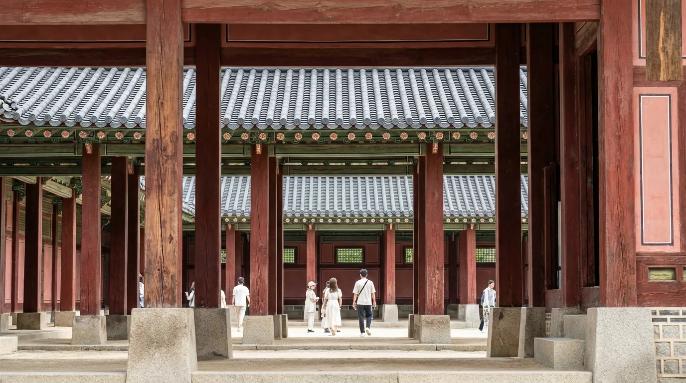 경복궁 사진 시간대 비교에 자주 쓰이는 복도와 기둥 그림자 장면