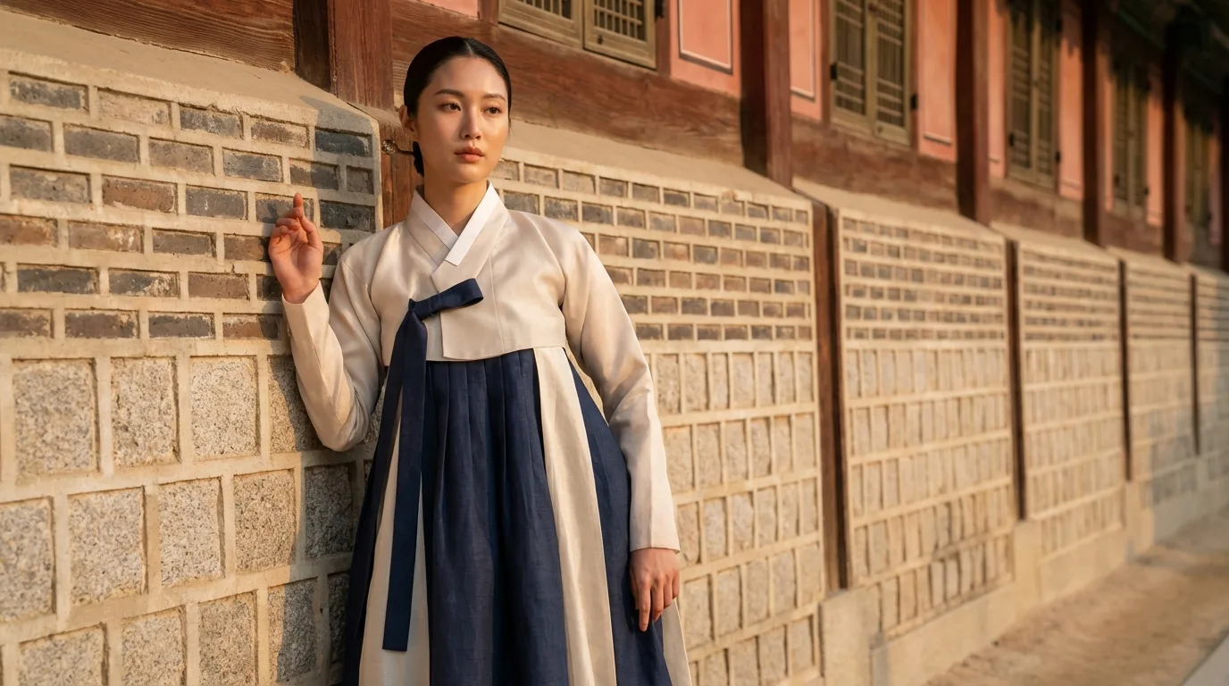 Calm outfit tones paired with a palace scene for virtual hanbok try-on styling
