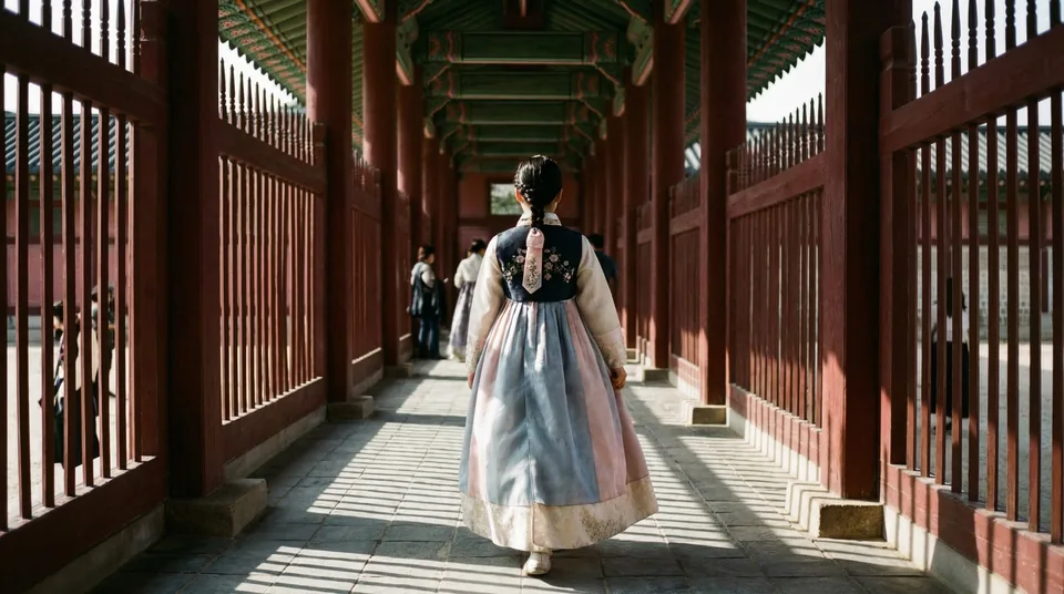 Visitor framed for a Gyeongbokgung hanbok photo shoot near the main court