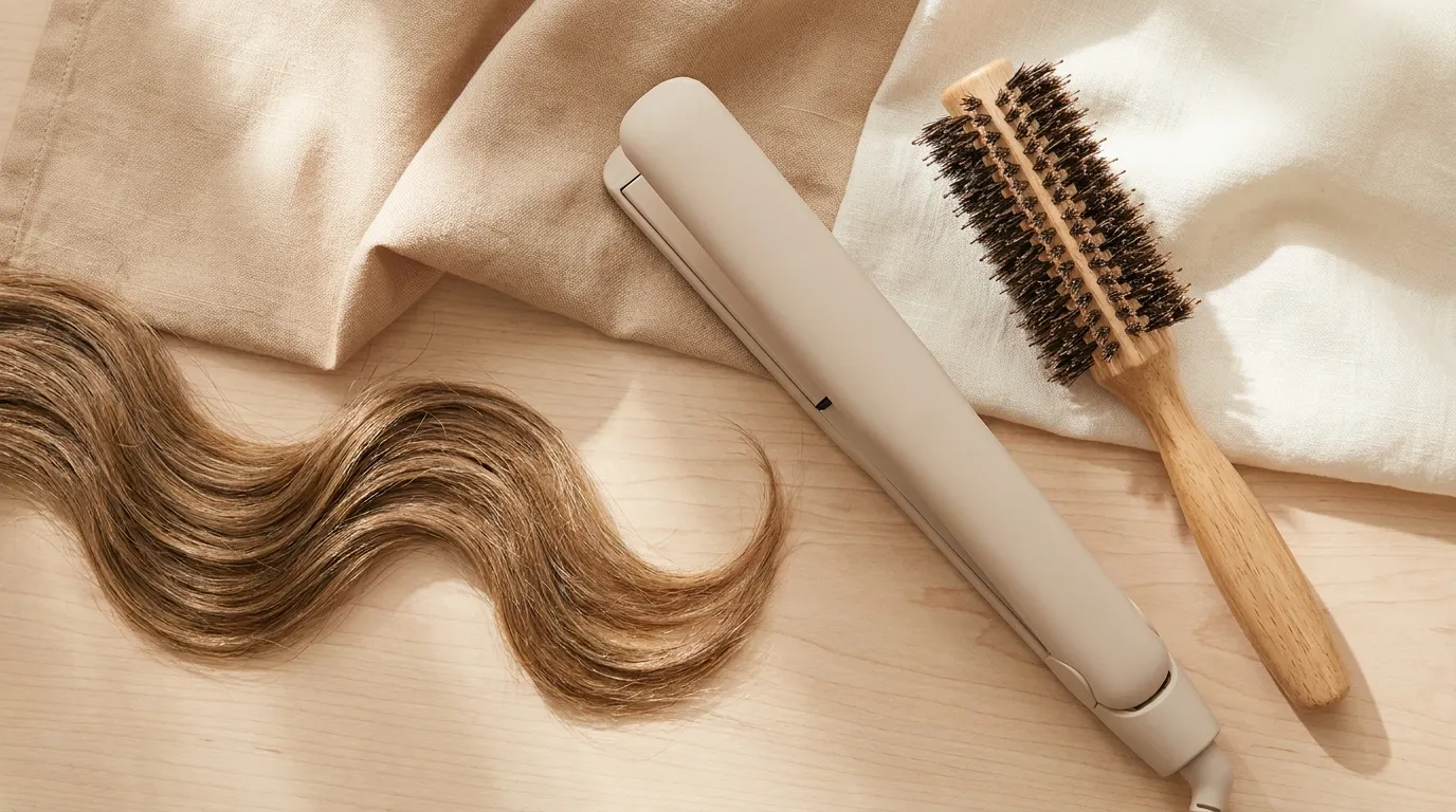 Natural wavy hair styling with a ceramic flat iron and round brush
