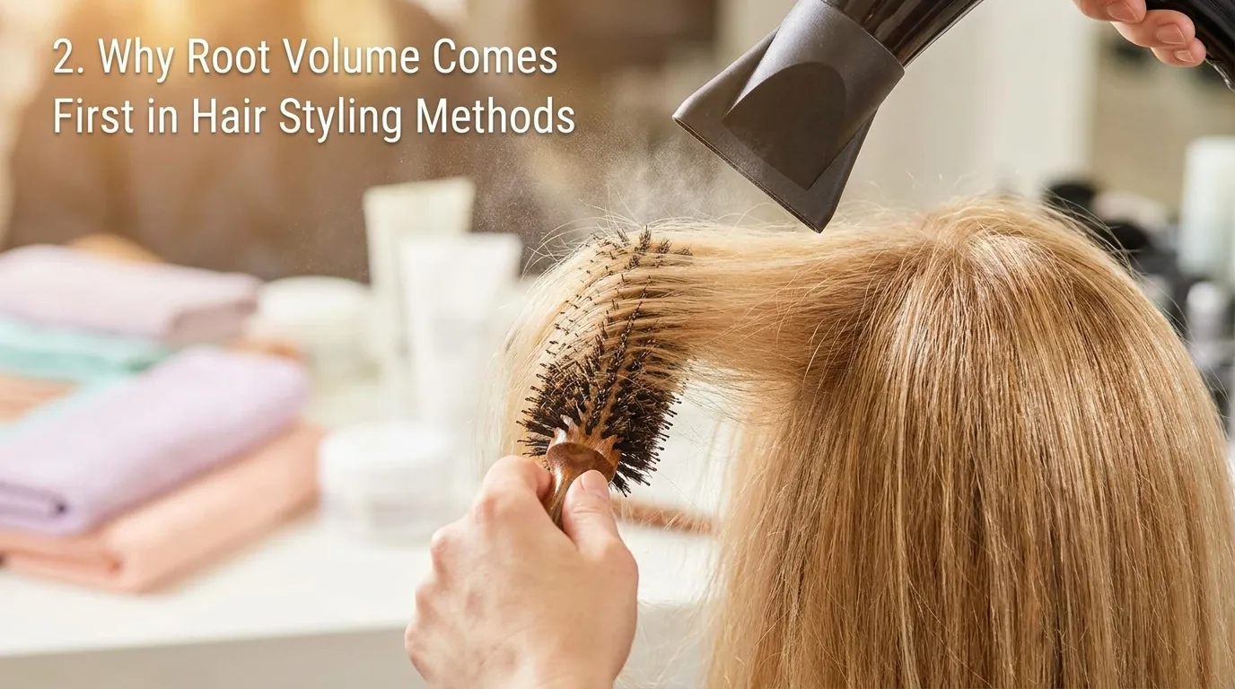 Hair styling with a blow dryer and round brush for root volume