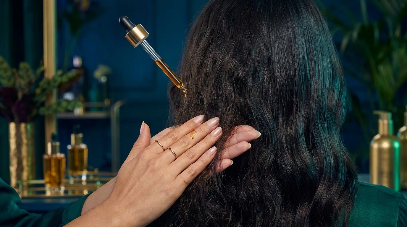 Applying hair oil serum to frizzy hair on a humid day
