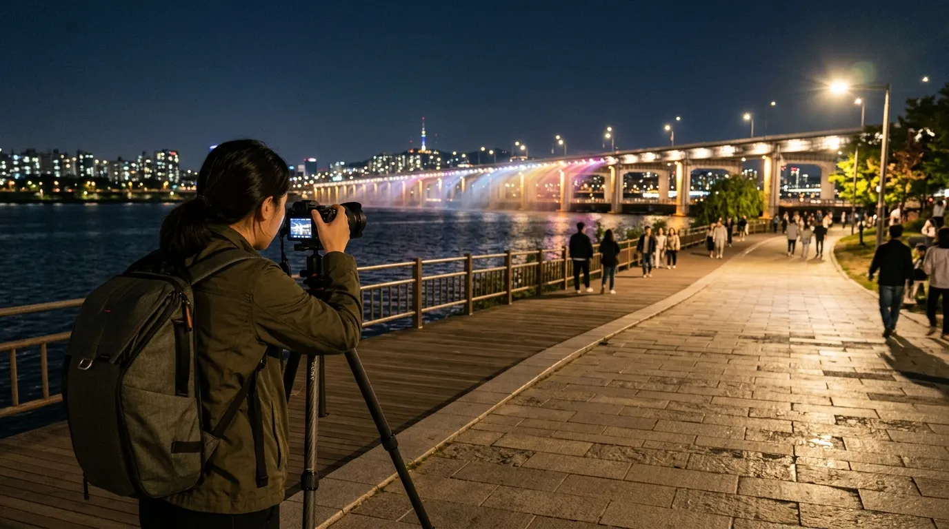 Depth-focused Han River night composition combining the walking path and bridge lights in one frame