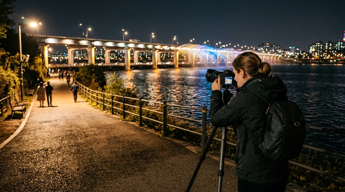 한강공원 산책로와 다리 조명이 입체적으로 겹쳐 보이는 야경 사진 구도 장면