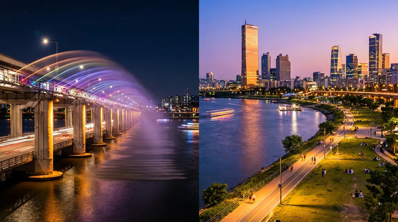 Yeouido Hangang Park night skyline with a wider Seoul river frame and darker high-rise backdrop