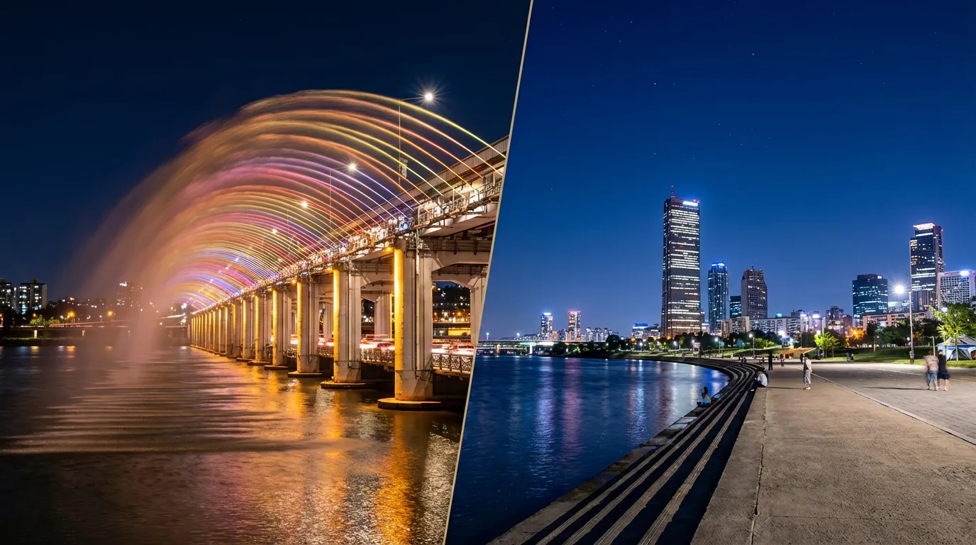 여의도 한강공원과 고층 빌딩 야경이 열린 강변 프레임으로 보이는 서울 밤 풍경