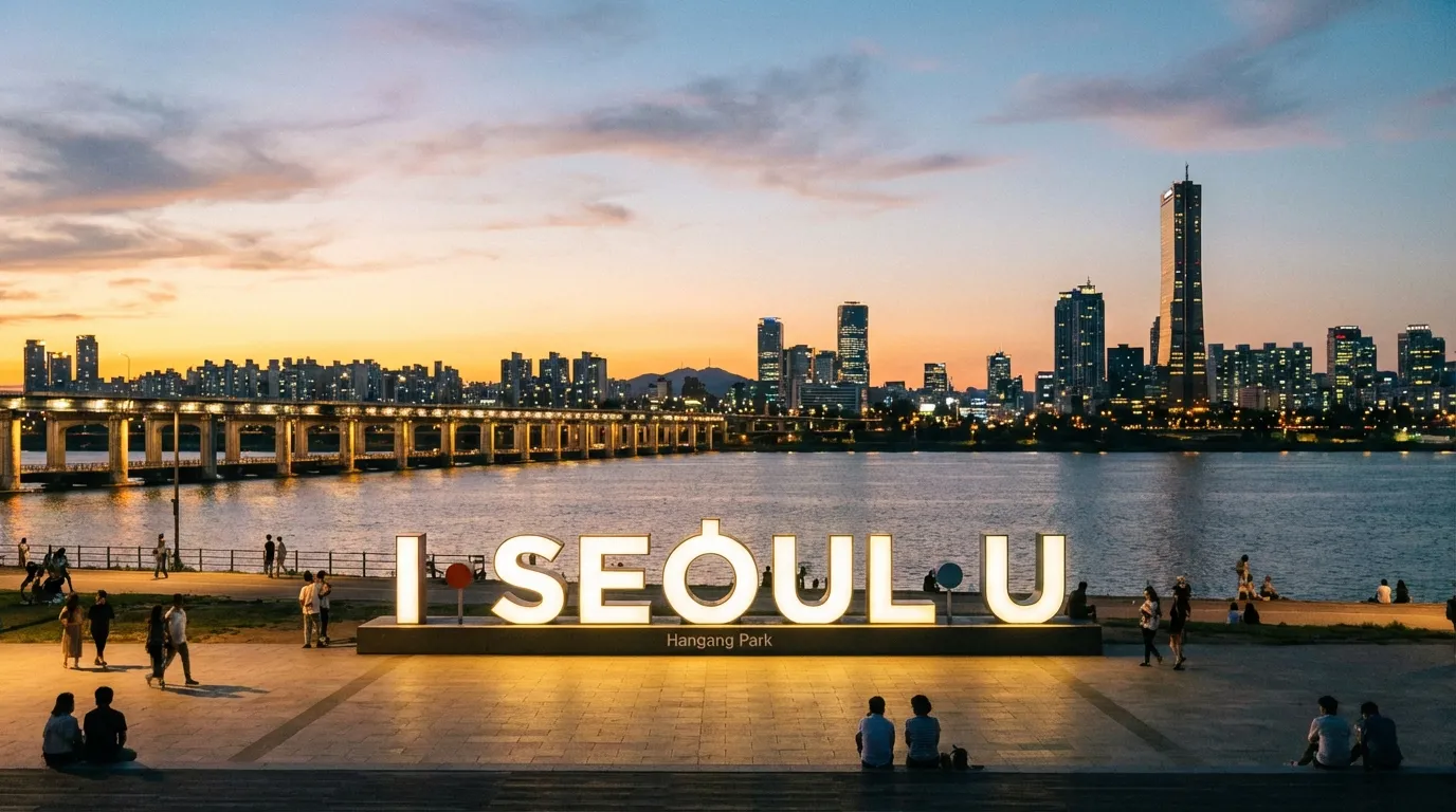 Banpo Hangang Park night scene with Moonlight Rainbow Fountain and brighter riverside lighting