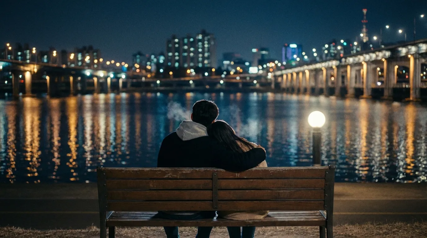 Romantic Hangang Park bench and river night view shaping a calmer Seoul date route