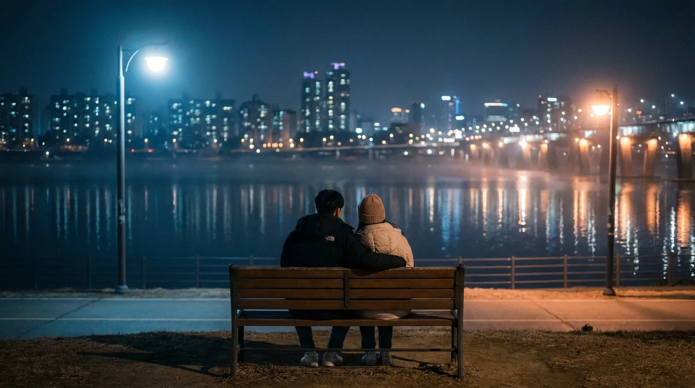 한강공원 야경 벤치와 강변 조명이 로맨틱하게 보이는 서울 데이트 코스 장면