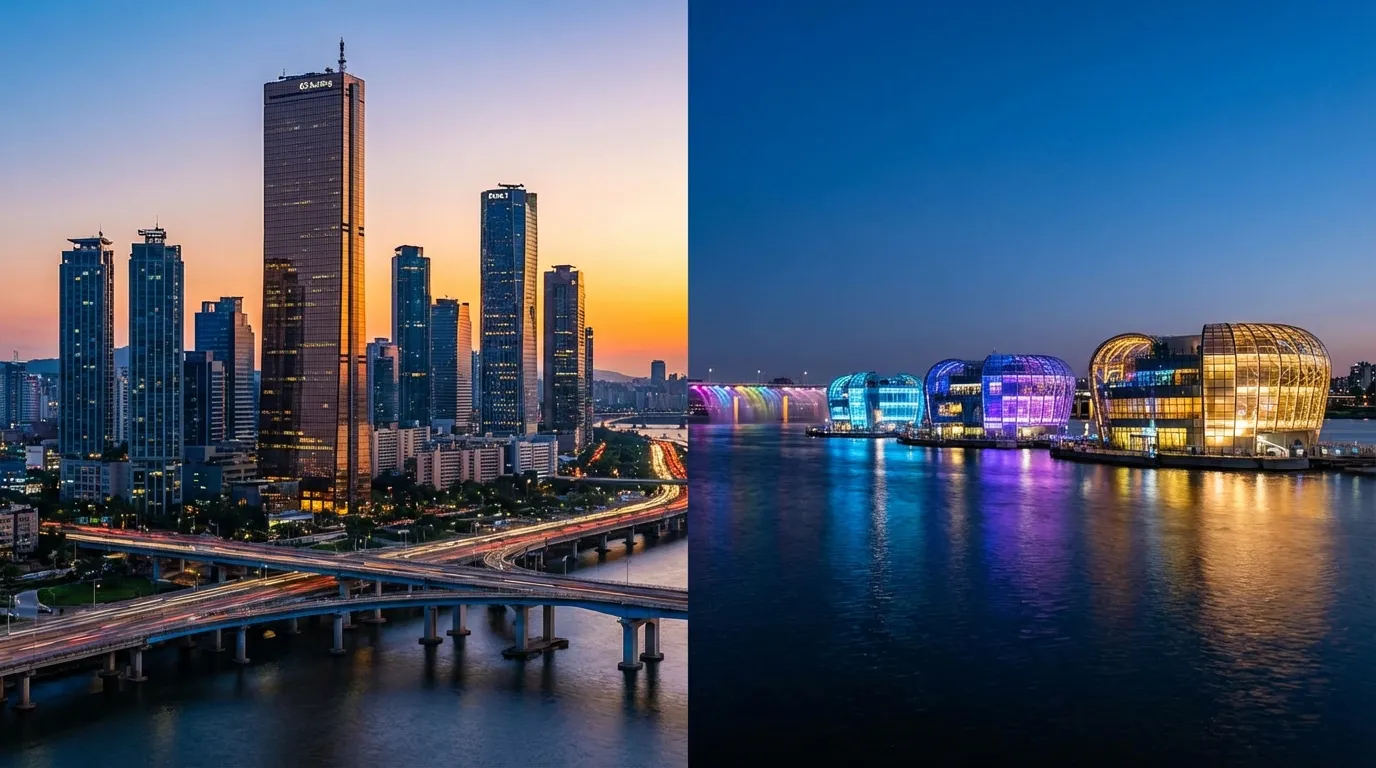 Night-view comparison between Yeouido Hangang Park and Banpo Some Sevit along the river