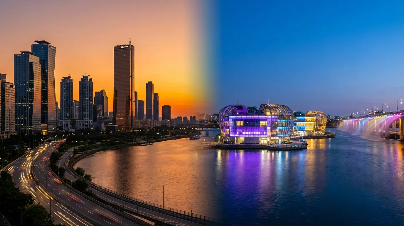 여의도 한강공원과 반포 세빛섬 야경 분위기를 비교해 보여 주는 서울 강변 장면