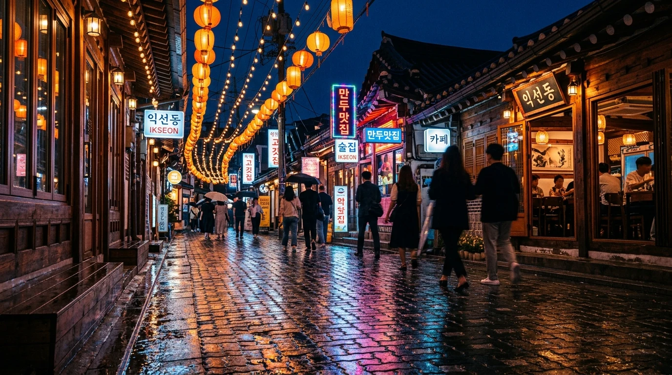 Warm lights filling a narrow Ikseon-dong alley at night with reflected Seoul street mood