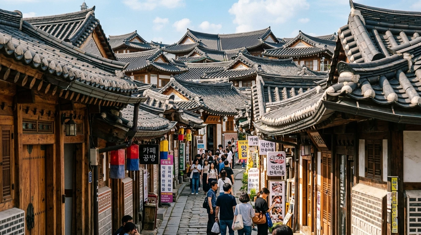Dense hanok rooftops and a narrow alley compressing the view inside Ikseon-dong