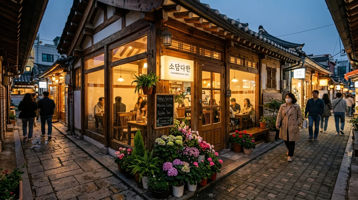 Hanok cafe exterior and alley texture combined in one compact Ikseon-dong street frame