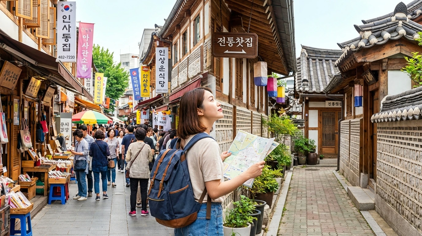 Afternoon light revealing layered storefront texture during the best time for Insadong photography