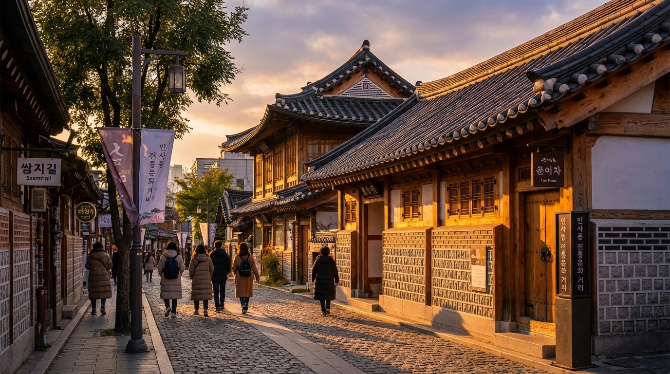 A wooden teahouse facade and craft display shelves shaping Insadong's traditional street mood