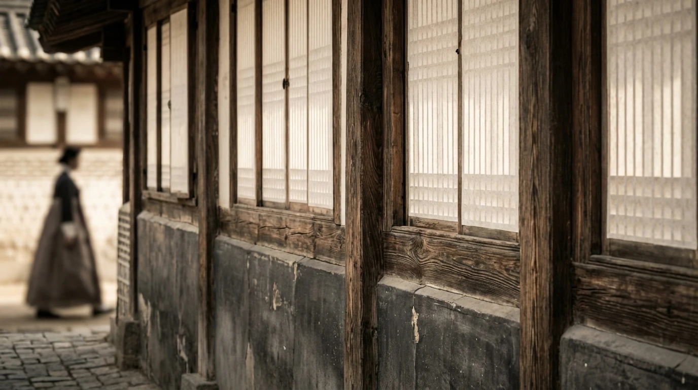 Wood and hanji texture on a traditional Insadong hanok wall creating a calm Seoul photo spot