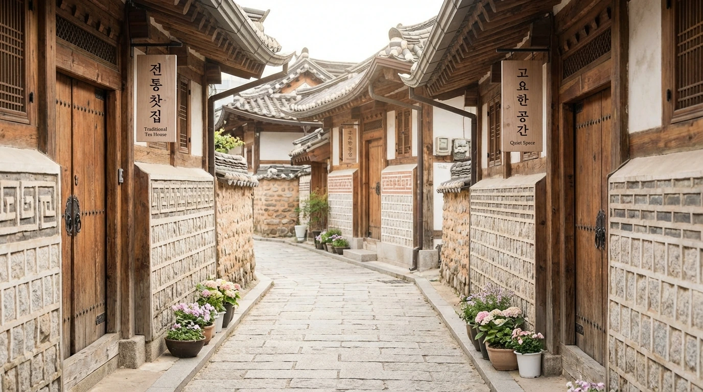 A quiet Insadong alley walking route with hanok-style storefronts and traditional street mood