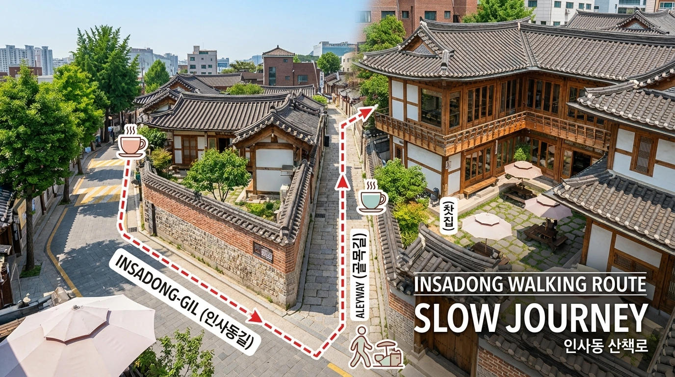 A recommended walking route linking Insadong's main street and tea-house alleys for a calmer visit