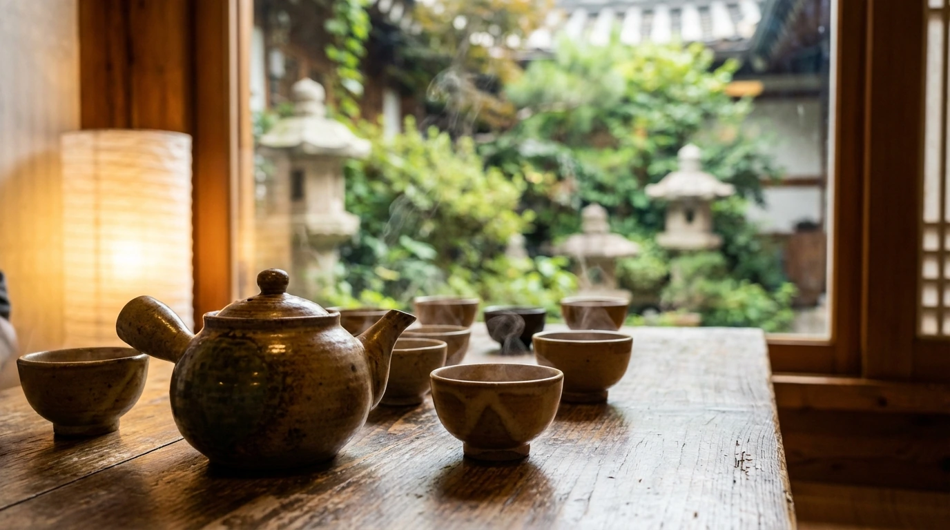 따뜻한 차 한 잔과 도자기 찻잔 세트가 놓인 인사동 전통 차 체험 공간