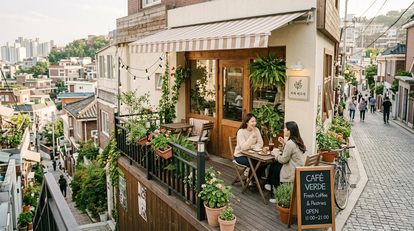 언덕 위 테라스와 카페 입면이 이어지는 경리단길의 압축된 카페 리듬