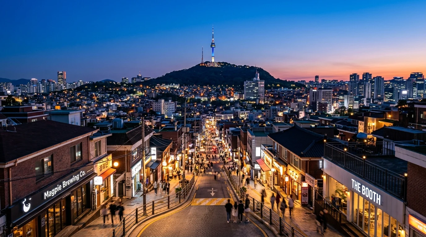 N Seoul Tower opening above the Gyeongnidan-gil hill at the end of the walking route