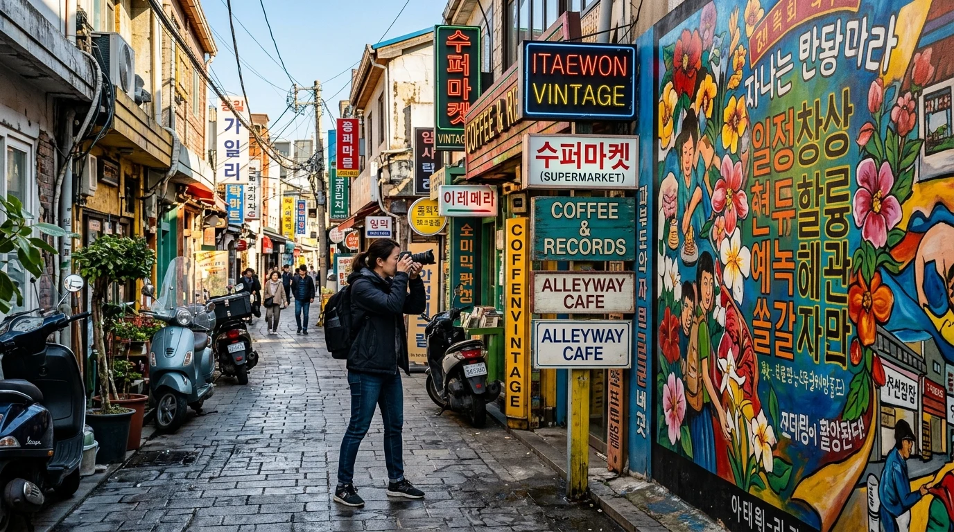Colorful shop signs and alley depth shaping an Itaewon street photography point