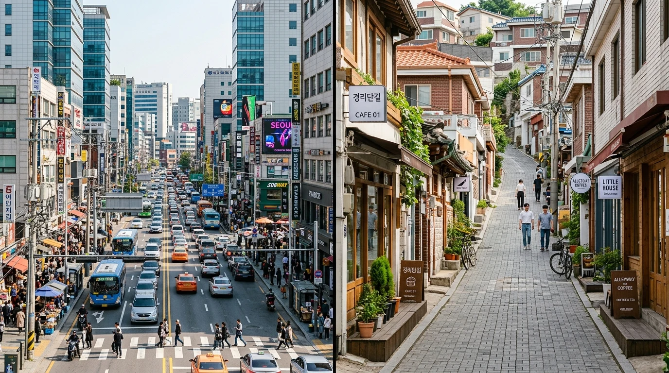 넓은 이태원 대로와 좁은 경리단길 골목 리듬이 대비되는 서울 거리 대비